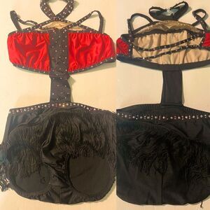 Pumpers solo Custom mature red fringe dance costume leotard MA-Medium adult